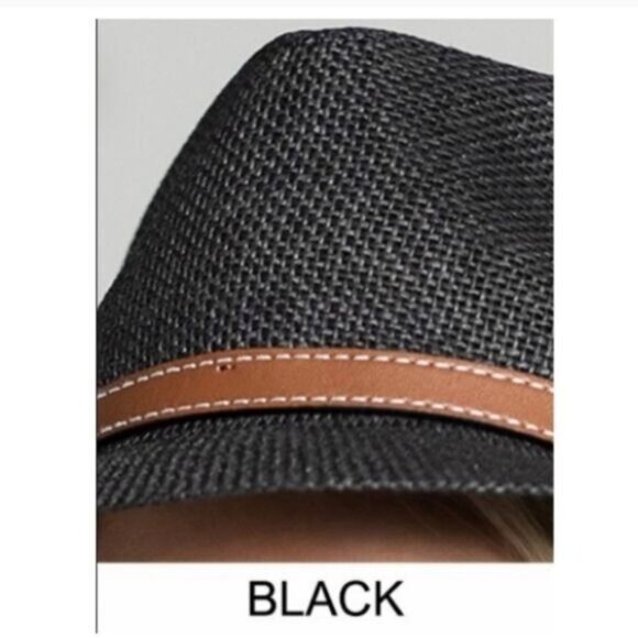 Black Fedora Hat W/ Brown Faux Leather Band Lightweight Woven Design-NEW - Picture 2 of 2